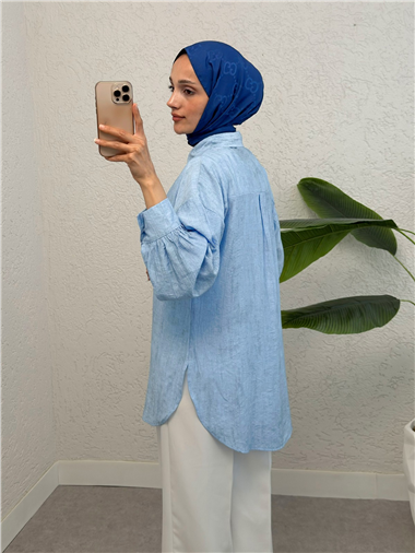 Yırtmaçlı Eteği Oval Kesim Gömlek -Bebe Mavi