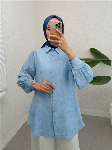Yırtmaçlı Eteği Oval Kesim Gömlek -Bebe Mavi