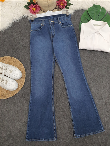 Yüksek Bel İspanyol Paça Düğmeli Kot Pantolon -Koyu Mavi