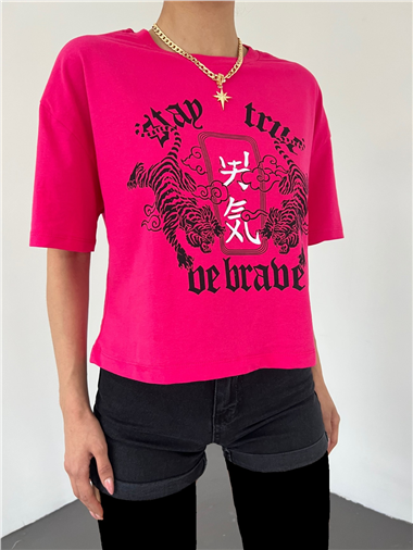 Yuvarlak Yaka Baskılı Crop Tişort -Pembe