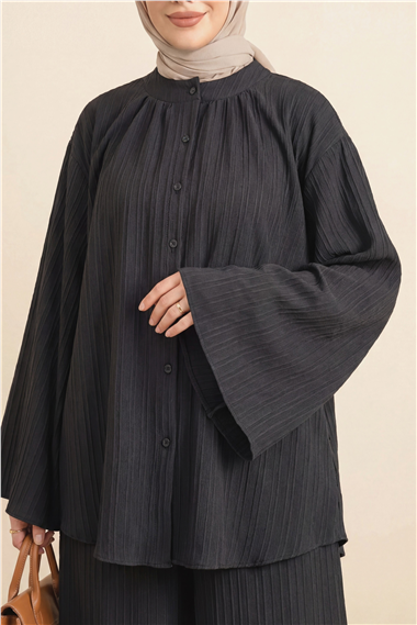 Yuvarlak Yaka Düğmeli İspanyol Kol Siena Tunik -Siyah