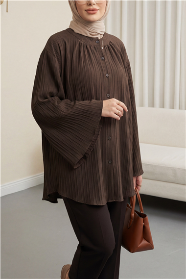 Yuvarlak Yaka Düğmeli İspanyol Kol Siena Tunik -K. Kahve