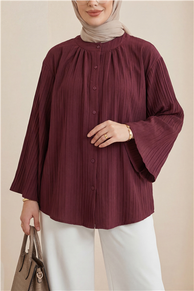 Yuvarlak Yaka Düğmeli İspanyol Kol Siena Tunik -Bordo