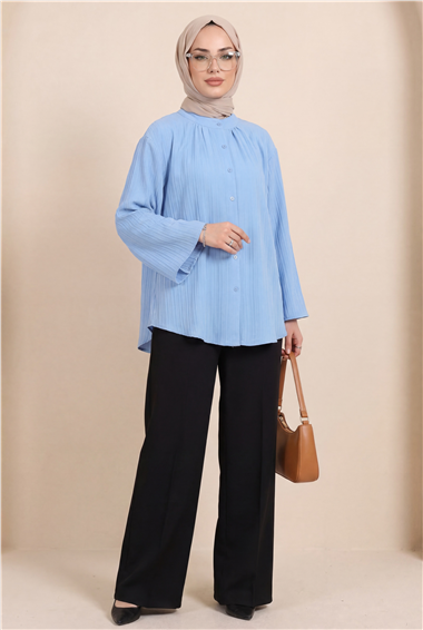 Yuvarlak Yaka Düğmeli İspanyol Kol Siena Tunik -Mavi