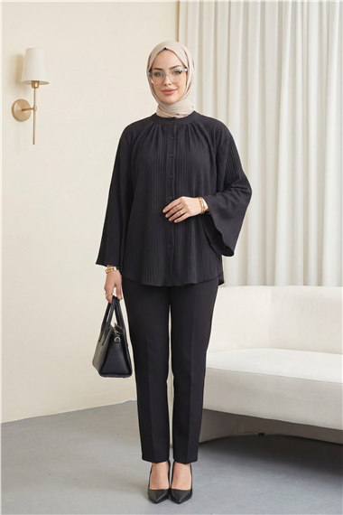 Yuvarlak Yaka Düğmeli İspanyol Kol Siena Tunik -Siyah