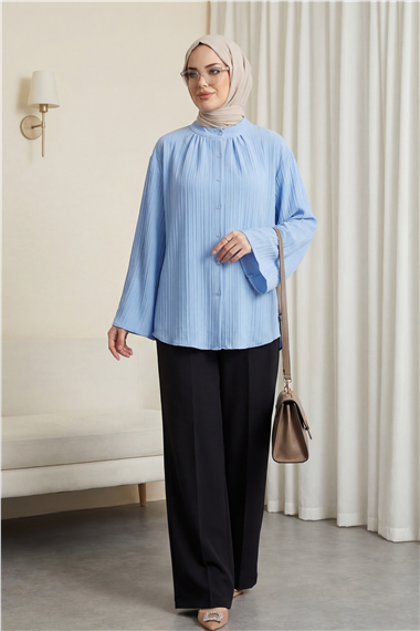 Yuvarlak Yaka Düğmeli İspanyol Kol Siena Tunik -Mavi