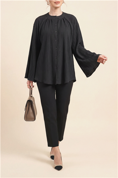 Yuvarlak Yaka Düğmeli İspanyol Kol Siena Tunik -Siyah