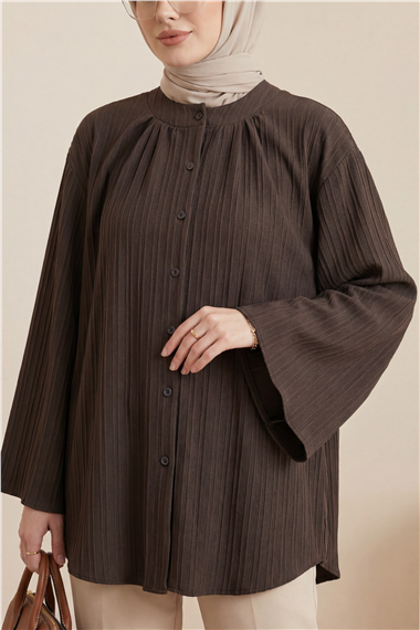 Yuvarlak Yaka Düğmeli İspanyol Kol Siena Tunik -K. Kahve
