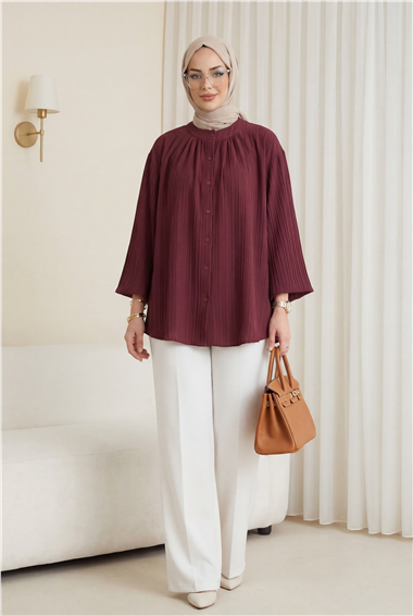 Yuvarlak Yaka Düğmeli İspanyol Kol Siena Tunik -Bordo