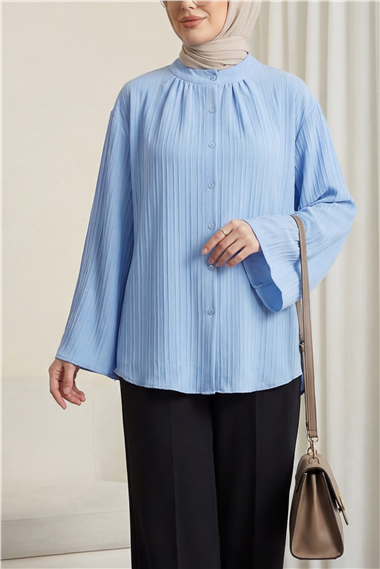 Yuvarlak Yaka Düğmeli İspanyol Kol Siena Tunik -Mavi