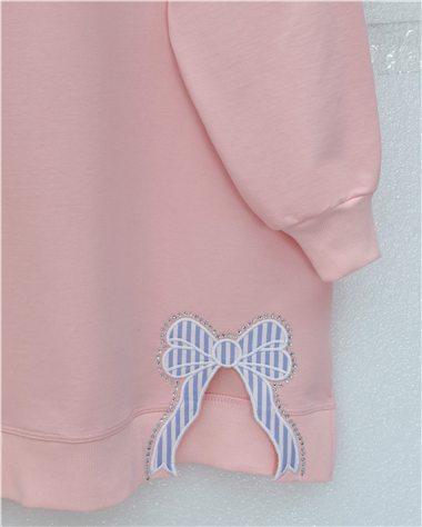 Womens Round-Neck Hem Bow Detail Relaxed Jersey Tunic - Powder Pink