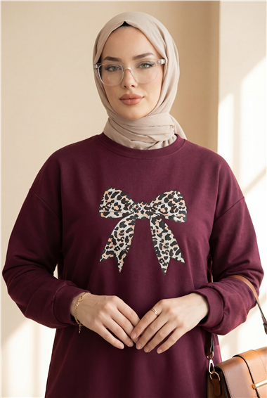 Yuvarlak Yaka Fiyonk Baskılı Salaş Oyşo Tunik -Mürdüm