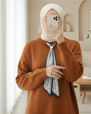 Yuvarlak Yaka Fularlı Salaş Triko Tunik -Kiremit