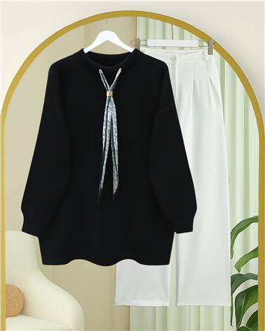 Yuvarlak Yaka Fularlı Salaş Triko Tunik    -Siyah