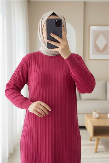 Yuvarlak Yaka İnce Çizgili Triko Tunik -Bordo