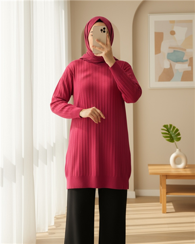 Yuvarlak Yaka İnce Çizgili Triko Tunik -Bordo