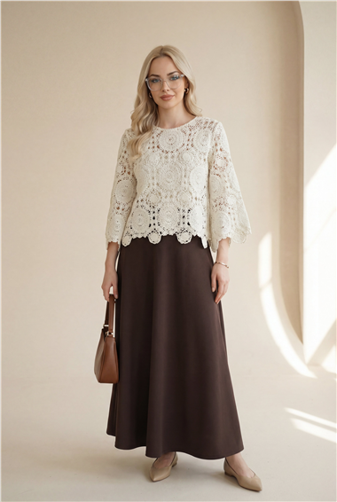 Yuvarlak Yaka İspanyol Kol Triko Bluz -Krem