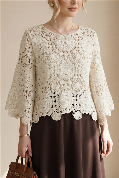 Yuvarlak Yaka İspanyol Kol Triko Bluz -Krem