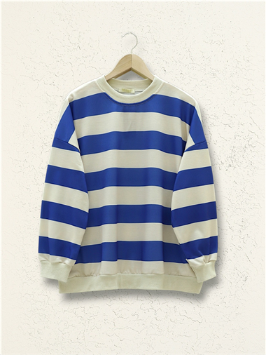 Yuvarlak Yaka Kalın Çizgili Oversize Sweat -Saks