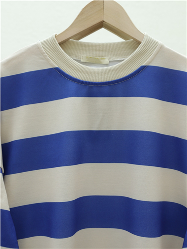 Yuvarlak Yaka Kalın Çizgili Oversize Sweat -Saks