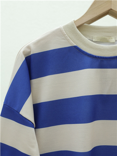 Yuvarlak Yaka Kalın Çizgili Oversize Sweat -Saks
