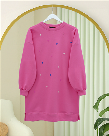 Yuvarlak Yaka Kalp Desenli Penye Tunik  -Pembe