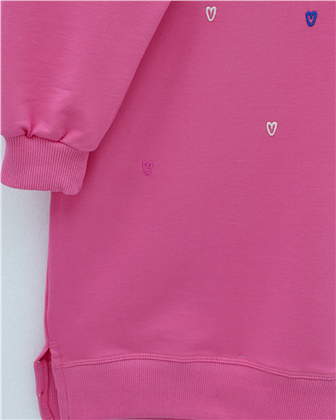Yuvarlak Yaka Kalp Desenli Penye Tunik  -Pembe