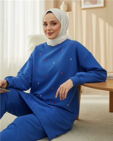 Yuvarlak Yaka Kalp Desenli Penye Tunik  -Mavi