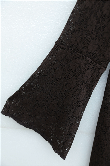 Womens Round-Neck Belted Lined Lace Dress - Dark Brown