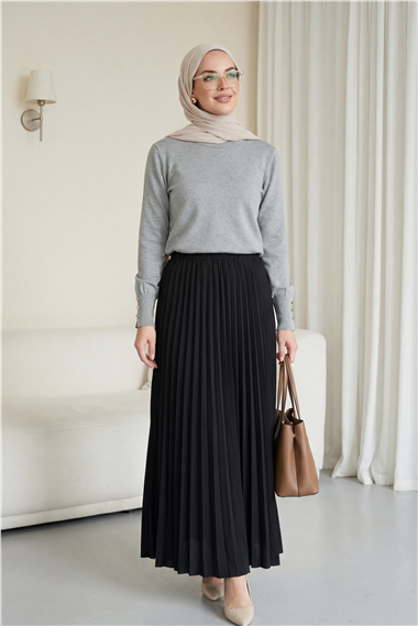 Yuvarlak Yaka Kolu Düğme Detaylı Triko Tunik  -Açık Gri