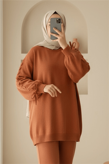 Womens Round-Neck Sleeve Knit Detail Knit Sweater - Terracotta