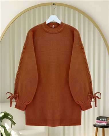 Womens Round-Neck Sleeve Knit Detail Knit Sweater - Terracotta