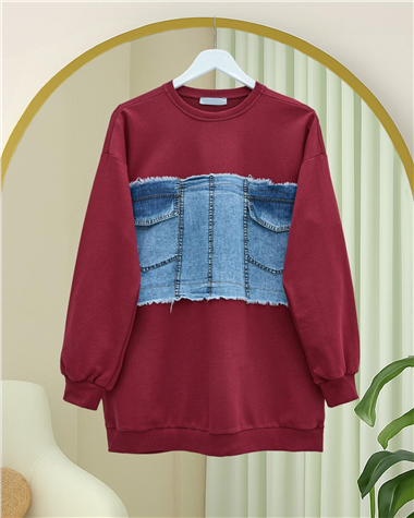 Yuvarlak Yaka Önü Kot Cep Detaylı Sweat -Bordo
