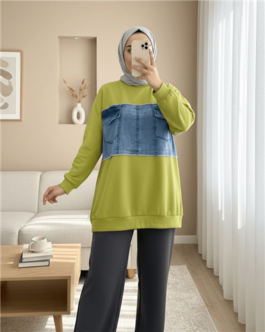 Yuvarlak Yaka Önü Kot Cep Detaylı Sweat -Yağ Yeşili
