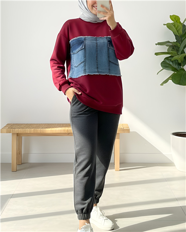 Yuvarlak Yaka Önü Kot Cep Detaylı Sweat -Bordo