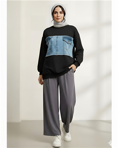 Yuvarlak Yaka Önü Kot Cep Detaylı Sweat -Siyah