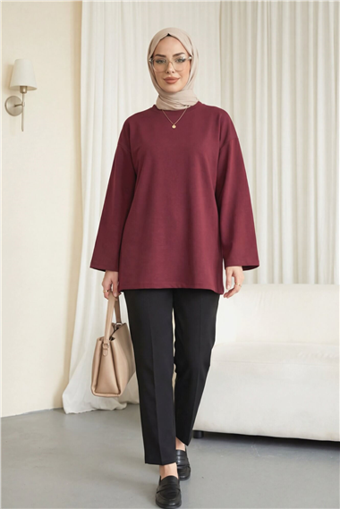 Yuvarlak Yaka Salaş Penye Tunik  -Bordo