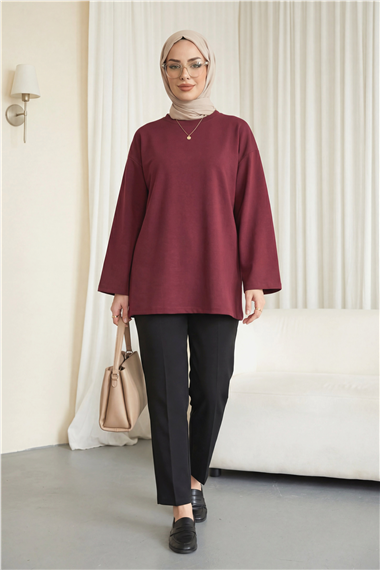 Yuvarlak Yaka Salaş Penye Tunik  -Bordo