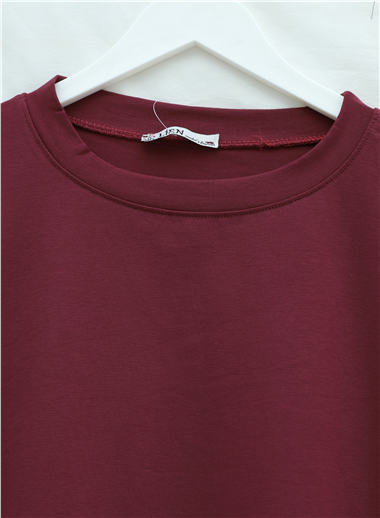 Yuvarlak Yaka Salaş Penye Tunik  -Bordo