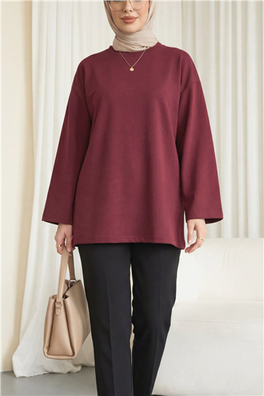Yuvarlak Yaka Salaş Penye Tunik  -Bordo
