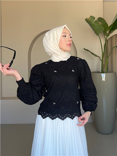 Yuvarlak Yaka Taşlı Astarlı Tunik -Siyah