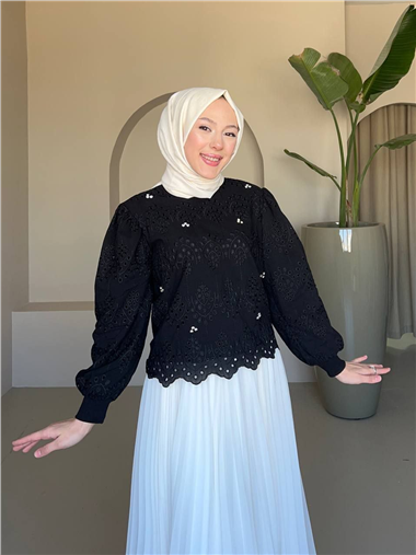 Yuvarlak Yaka Taşlı Astarlı Tunik -Siyah