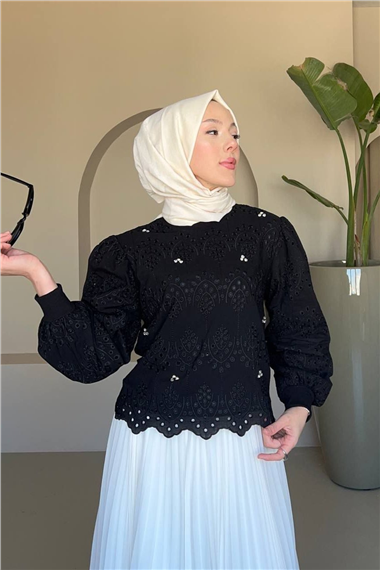 Yuvarlak Yaka Taşlı Astarlı Tunik -Siyah