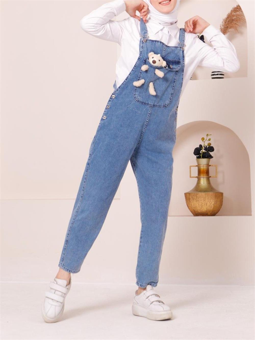 Ayıcık Detaylı Askılı Yanları Düğmeli Kot Tulum -Koyu Mavi - 197-2093-R26 |  Organic Time Marka Salopet Elbise Modelleri | Kadın Tesettür Giyim -  KaliteMall.com