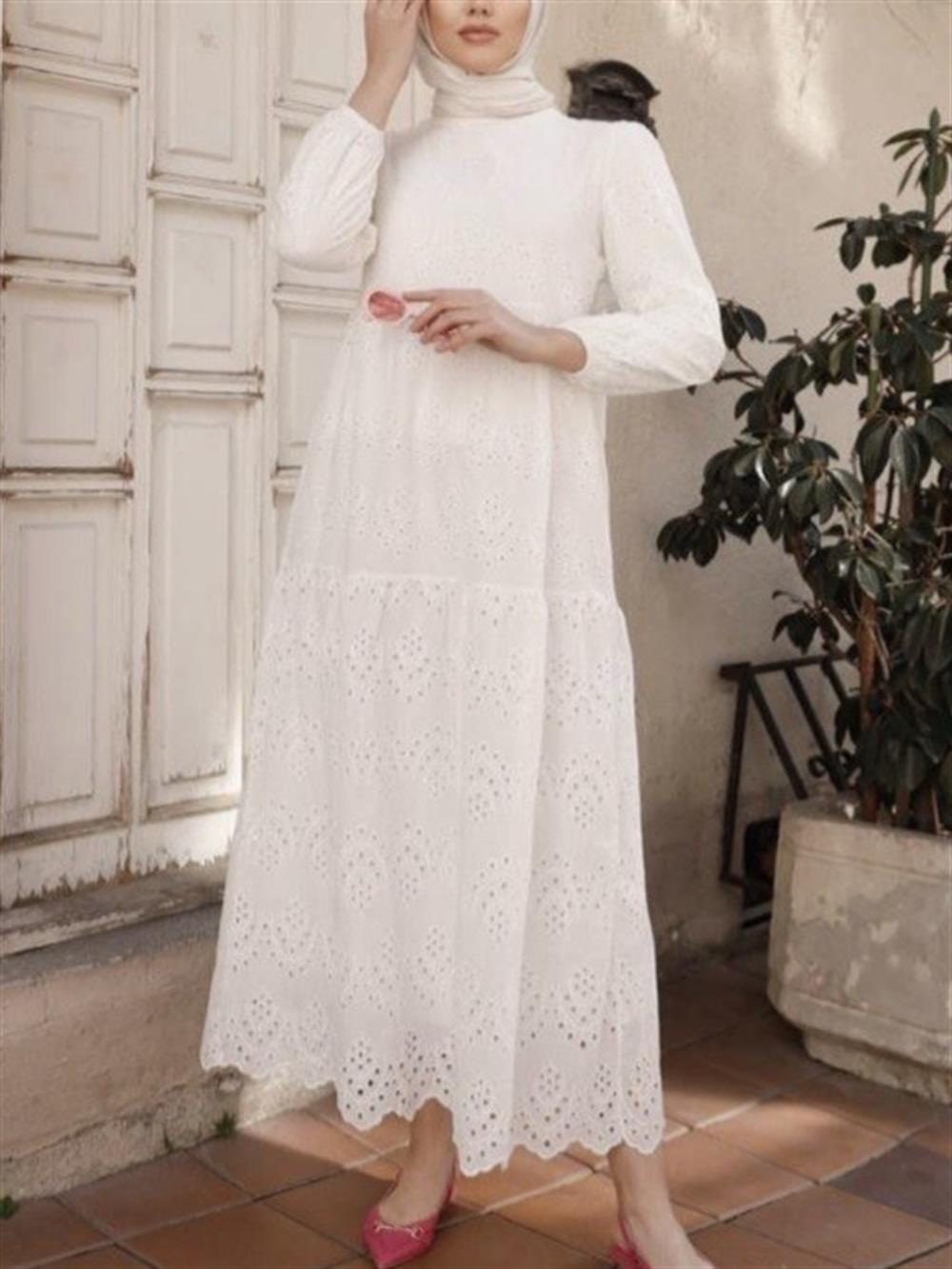 Bağcık Detaylı Astarlı Kat Kat Ajurlu Elbise -Beyaz - 144-1344-R02 | Afra  Elbise Modelleri | Kadın Tesettür Giyim - KaliteMall.com