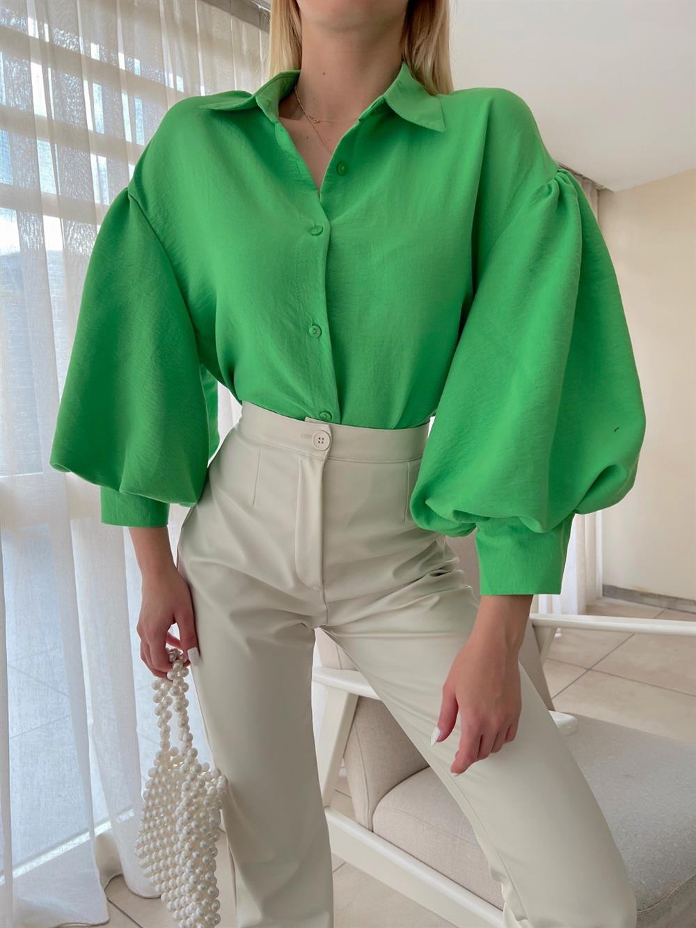 Balon Kol Astarlı Düğmeli Gömlek Bluz -Fıstık Yeşili | KaliteMall