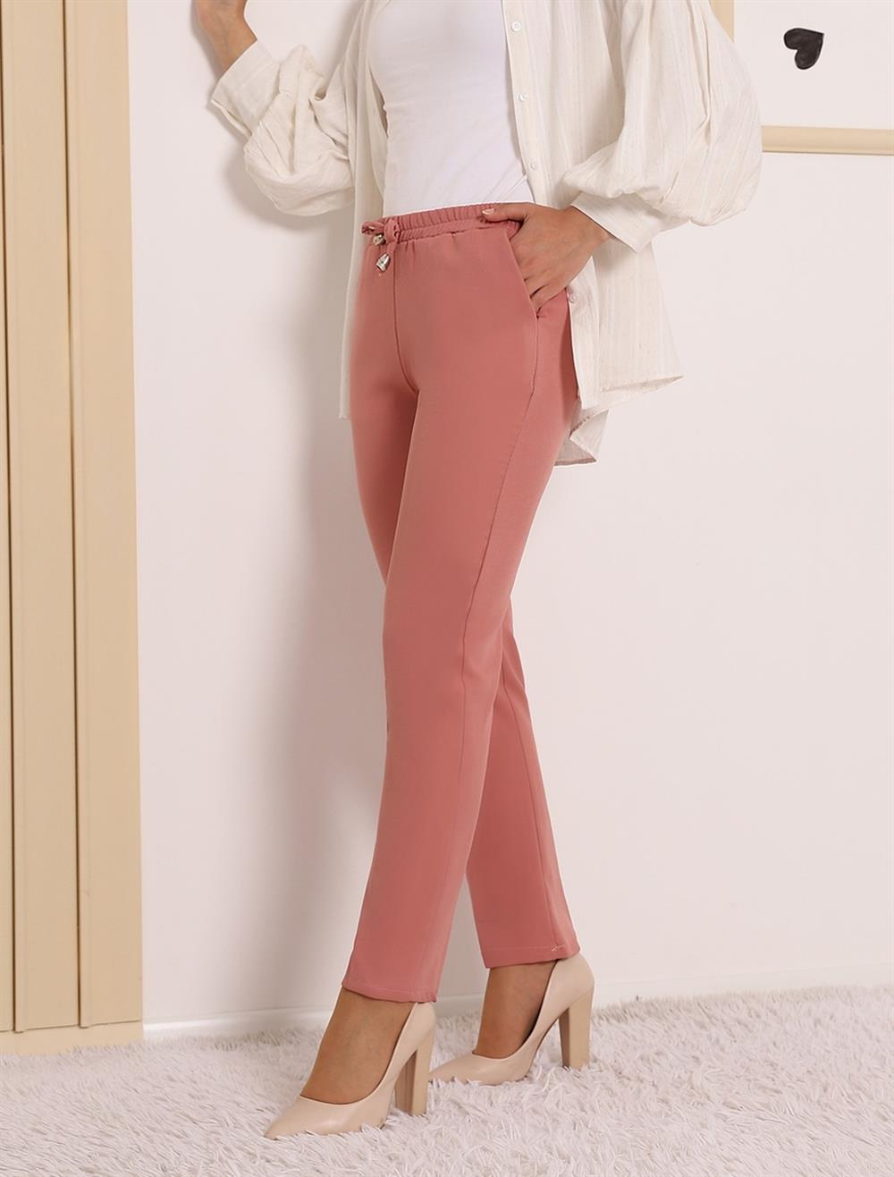 Beli Lastikli Çift Cepli Bağcık Detaylı Pantolon -Gül Kurusu - 286-0785-R27  | İHRACAT Marka Pantolon Modelleri | Kadın Tesettür Giyim - KaliteMall.com