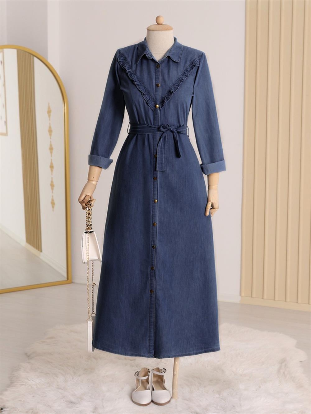Boydan Düğmeli Beli Bağlamalı Kot Elbise -İndigo - 192-8232-R21 | Miss NAC  Marka Elbise Modelleri | Kadın Tesettür Giyim - KaliteMall.com