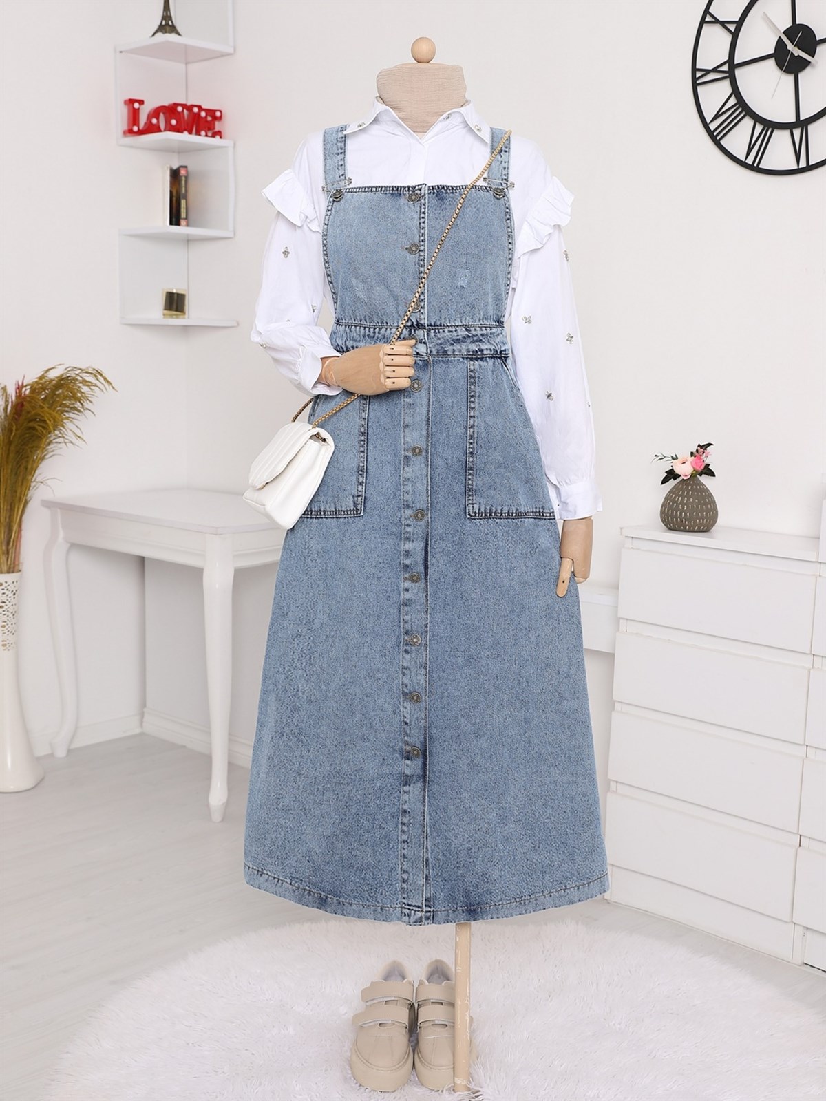 Boydan Düğmeli Çift Cepli Kot Salopet -Buz Mavi - 197-525-R37 | Organic  Time Marka Salopet Elbise Modelleri | Kadın Tesettür Giyim - KaliteMall.com