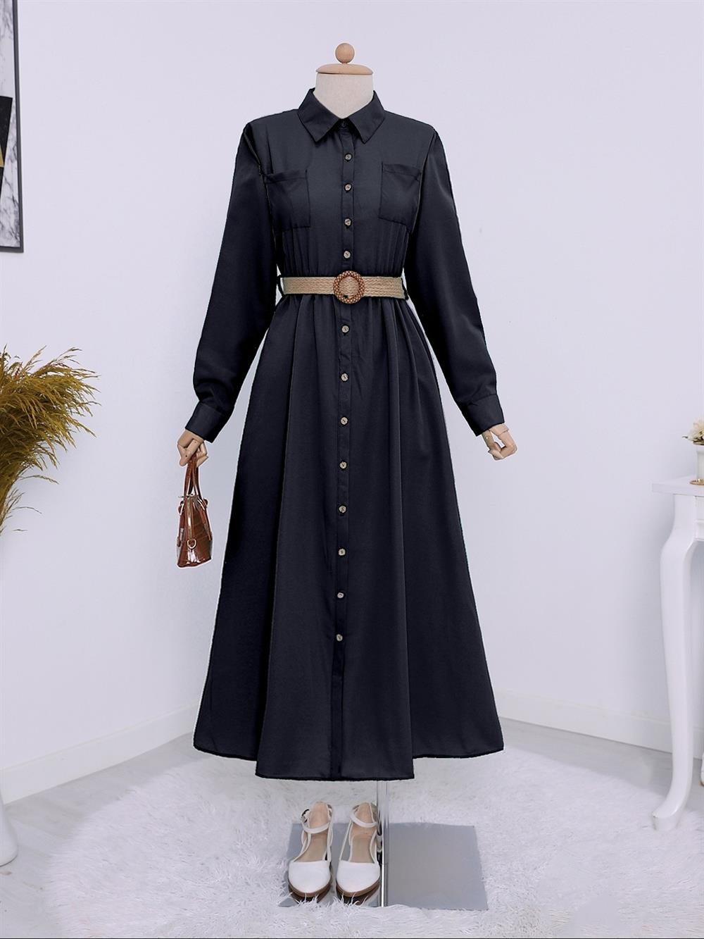 Boydan Düğmeli Kemerli Gömlek Elbise -Siyah | KaliteMall
